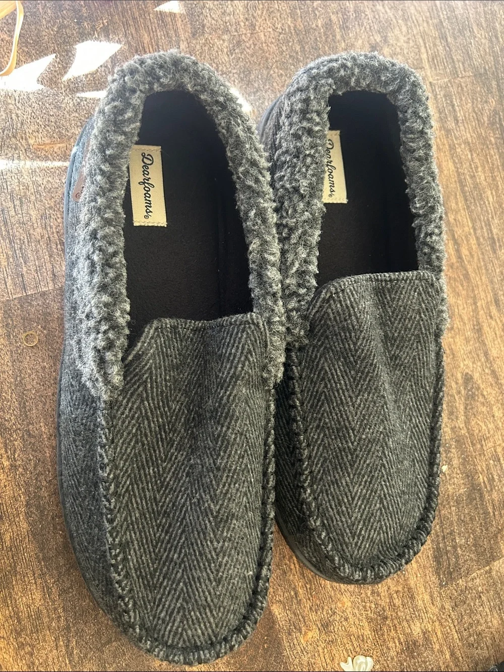 #64. dearfoams Gray Herringbone Fleece-Lined Men’s Slip-On Moccasins